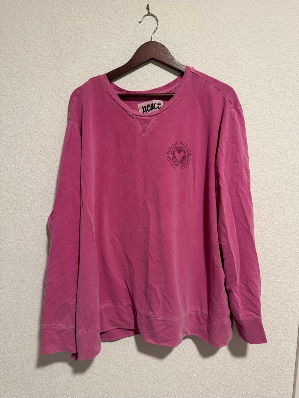 Peace Love World Rose Pink Crewneck with Heart Sunburst